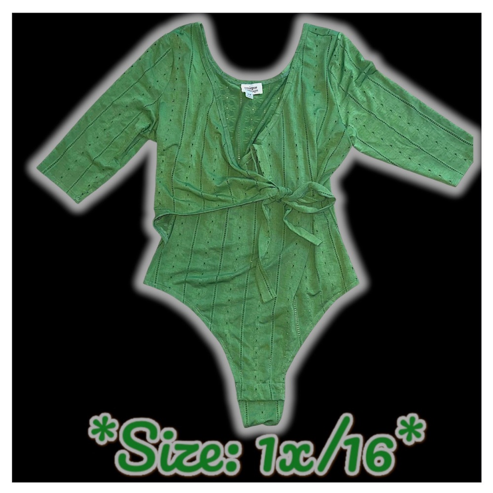 NEW: Unique Vintage - 1970s Green Eyelet Surplice Bodysuit (SIZE 1x/16).